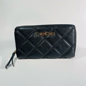 Bebe Quilted Black Wallet with Gold Accents
